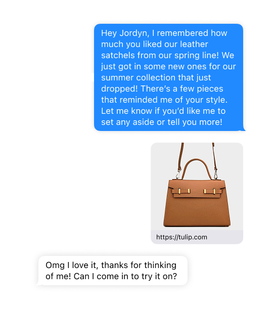 A text message conversation showing a retail employee using clienteling to sell a leather satchel to a customer.