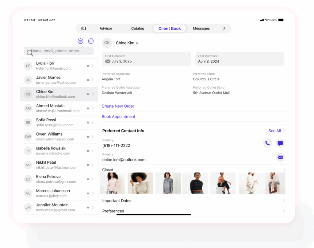 Digital dashboard displaying customer data and preferences, illustrating how data collection enables personalized engagement and proactive selling in clienteling.