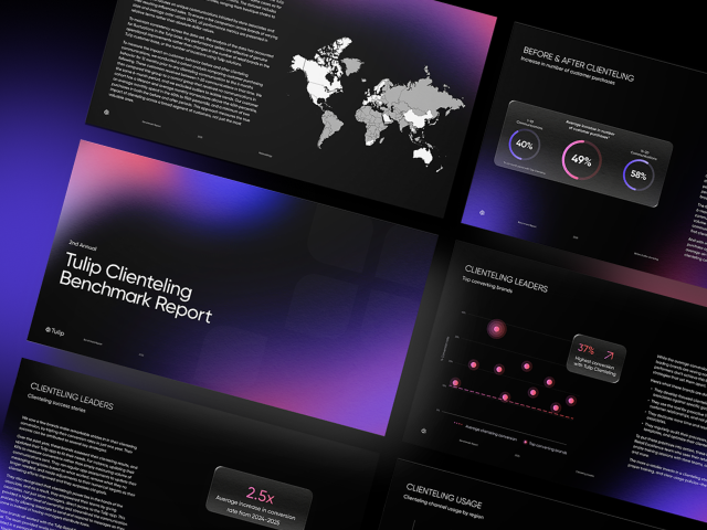 Screenshots of the Tulip Clienteling Benchmark Report, featuring a title slide, a world map, data charts on clienteling usage and leaders, and before-and-after metrics, all in a modern pink, purple, and black color scheme.