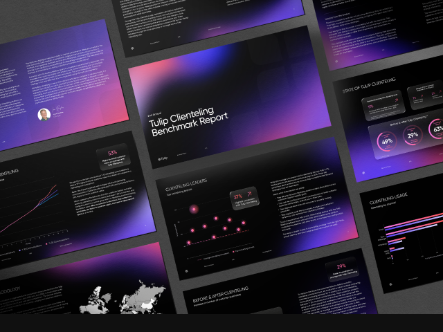 Digital banner showcasing slides from the 2nd Annual Tulip Clienteling Benchmark Report 2025, detailing retail clienteling trends and data for business intelligence.
