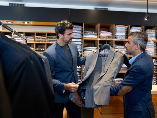 A male store associate in a professional blazer provides personalized service to a customer, holding up a grey suit jacket for inspection in a high-end apparel store.